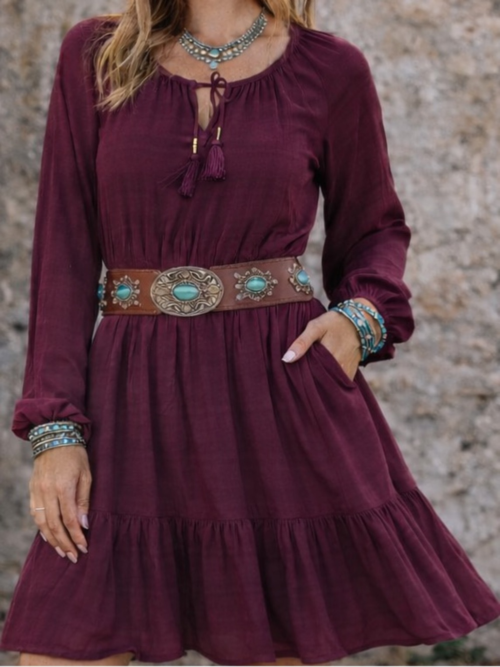 Idyllwind Western Boho Peasant Mini Dress Burgundy Tassel Tie | Size M - Picture 12 of 14